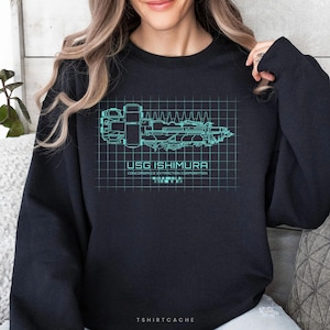 May include: Black sweatshirt featuring a teal blueprint design of the USG Ishimura, with the text "USG Ishimura Concordance Extraction Corporation". The design is set against a grid pattern.