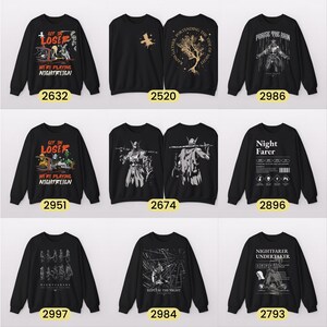 May include: Collection of black sweatshirts with various graphic designs and text. Designs include illustrations of figures, trees, and text such as "Get in Loser", "Night Farer", and "Nightfarer Undertaker". Each sweatshirt has a unique design.