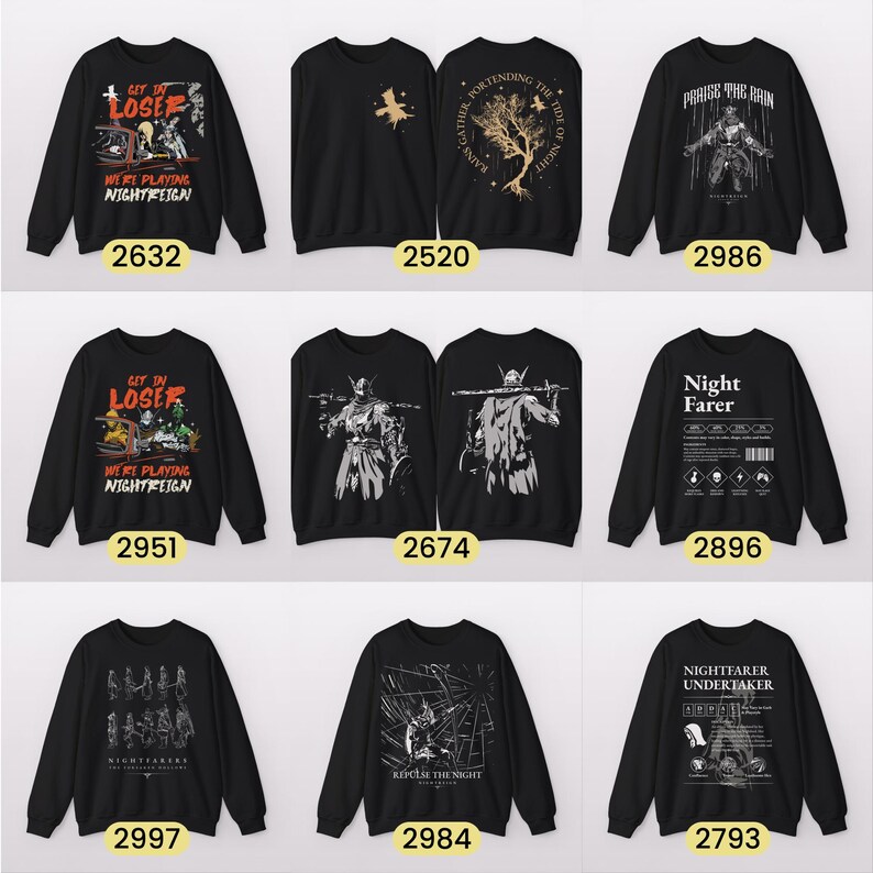 May include: Collection of black sweatshirts with various graphic designs and text. Designs include illustrations of figures, trees, and text such as "Get in Loser", "Night Farer", and "Nightfarer Undertaker". Each sweatshirt has a unique design.
