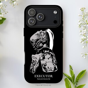 May include: A black smartphone case featuring a white graphic of a knight in armor with a ponytail. The text EXECUTOR NIGHTREIGN is printed in white below the graphic, and the small text TSHIRTCACHE is printed at the bottom of the case.