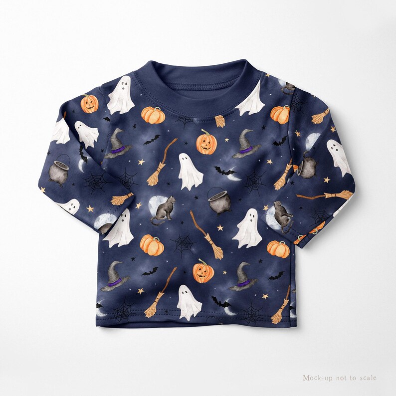 Seamless Halloween pattern featuring ghosts, witches, bats, and pumpkins in a festive design on a misty blue background