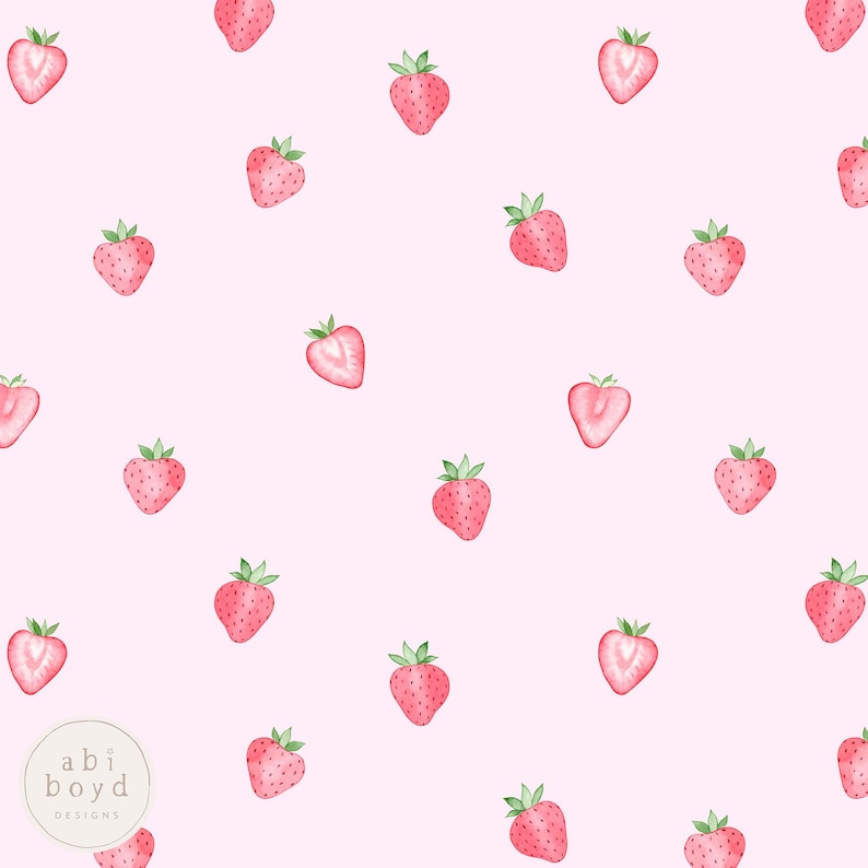 Cute simple strawberry seamless pattern on a pink background. Available to purchase for personal and commercial use.