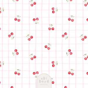Puede incluir: Patrón repetido de cerezas rojas con tallos y hojas verdes sobre un fondo blanco con un patrón de cuadrícula rosa. El diseño tiene un efecto de acuarela, con una estética suave y delicada. El tema general es un diseño alegre y veraniego.