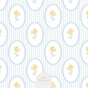 May include: A repeating pattern featuring yellow floral bouquets within oval frames with scalloped edges. The frames are set against a backdrop of vertical blue and white stripes. The text "abi boyd DESIGNS" is visible in the lower right corner.