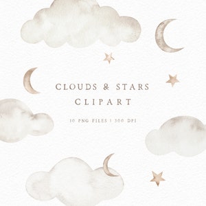 Aquarel wolk maan en sterren clipart set, handgeschilderde hemelse png, neutrale nachtelijke hemel illustraties voor persoonlijk en commercieel gebruik