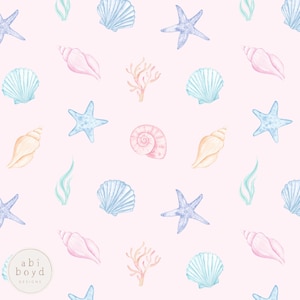 May include: A seamless pattern featuring watercolour illustrations of seashells, starfish, and coral on a light pink background. The seashells are in shades of blue, pink, and orange. The starfish are blue and the coral is orange.