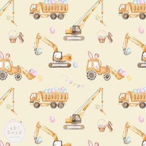 Könnte beinhalten: Ein nahtloses Muster mit Aquarell-Illustrationen von Baumaschinen, darunter ein Kipplaster, ein Bagger, ein Kran und ein Bulldozer. Die Fahrzeuge sind mit Ostereiern und Hasen verziert und schaffen so ein verspieltes und festliches Design.