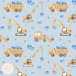 May include: A seamless pattern featuring yellow construction vehicles, including a crane, a dump truck, and an excavator, on a light blue background. Blue hearts and balloons are scattered throughout the pattern.