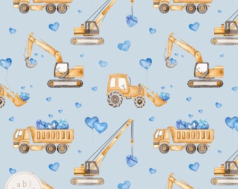 May include: A seamless pattern featuring yellow construction vehicles, including a crane, a dump truck, and an excavator, on a light blue background. Blue hearts and balloons are scattered throughout the pattern.