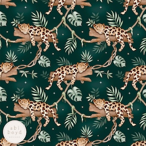 Könnte beinhalten: Ein nahtloses Muster mit Aquarell-Illustrationen von schlafenden Leoparden auf Ästen mit grünen Blättern und Ranken auf einem dunkelgrünen Hintergrund.