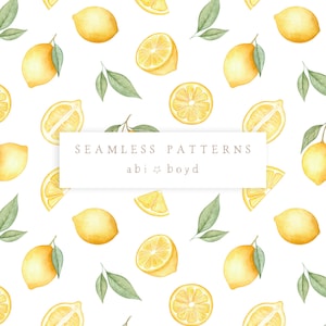 May include: A seamless pattern featuring watercolour illustrations of lemons and lemon slices on a white background. The pattern is titled "Seamless Patterns abi ☆ boyd".