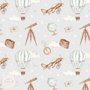 May include: A seamless pattern featuring watercolor illustrations of hot air balloons, airplanes, telescopes, globes, suitcases, and clouds on a light gray background. The pattern is perfect for fabric, wallpaper, or wrapping paper.