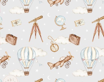 Adventure Seamless Pattern, Travel Repeating Pattern, Little Explorer Fabric Design, hot air balloon, Vintage Seamless Fabric Design