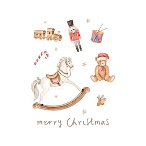 Weihnachten PNG Sublimationsdatei, Vintage Weihnachtsspielzeug Heat-Transfer-Design, Schaukelpferd, Nussknacker, Transfer