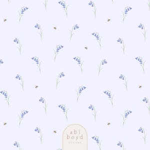 May include: A light blue background with a repeating pattern of bluebell flowers and small bees. The flowers are detailed with green stems and delicate blue bell-shaped blooms. The bees are small and brown. The design includes the text "abi boyd designs".