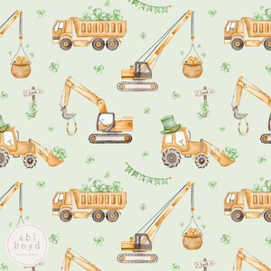 May include: A seamless pattern featuring watercolor illustrations of construction vehicles, shamrocks, and pots of gold. The vehicles include a dump truck, an excavator, and a crane. The pattern is set against a light green background.