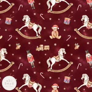 May include: A repeating pattern featuring Christmas-themed illustrations on a deep red background. The design includes rocking horses, teddy bears, nutcrackers, candy canes, drums, and a toy train, all accented with white stars.