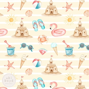 Summer Seamless Pattern, Beach Repeating Pattern, Seaside seamless file, Ice cream Seamless seamless file, Summer Digital Paper