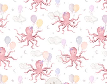 May include: A repeating pattern of pink octopuses with purple bows, holding pastel balloons. White clouds, crescent moons, and stars are scattered across the white background. The text "abi boyd DESIGNS" is at the bottom.