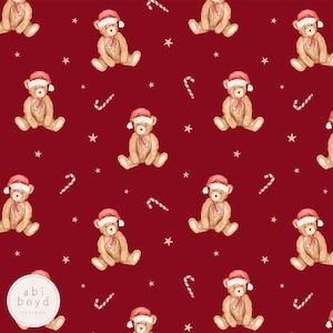 Christmas teddy seamless file, Santa hat teddies repeating pattern, candy cane watercolour seamless file, Xmas teddy bear seamless pattern