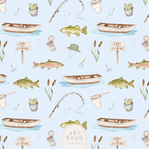 May include: A light blue watercolour pattern with fishing-related illustrations. The design includes boats, fish, fishing rods, hooks, bait, and signs that read "Gone Fishing". The style is whimsical and hand-painted, with a soft, artistic feel.