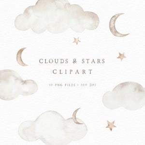 Watercolor cloud moon and stars clipart set, Hand-painted celestial png, neutral night sky clip art for personal and commercial use