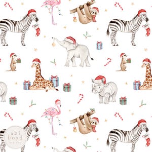 May include: A festive Christmas pattern with illustrations of animals such as zebras, giraffes, and sloths, each wearing a Santa hat. The design incorporates gift boxes, candy canes, and sprigs of holly on a white backdrop. The artist's name is visible in the bottom left corner.