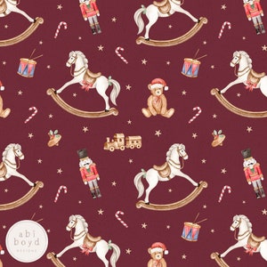Christmas Toy Fabric Design, Vintage Seamless Pattern, Repeating Pattern, Rocking horse, teddy bear, Christmas nutcracker fabric, drum