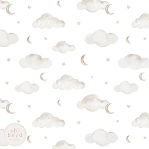 Wolken und Sterne Musterdesign, verträumten Himmel wiederholendes Muster, Aquarell Crescent Moon nahtlose Datei, persönliche und kommerzielle Nutzung