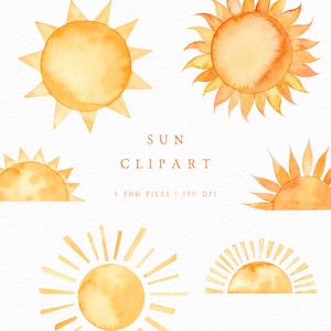 Aquarel zon clipart set, handgeschilderde warme zonsondergang png, zomer illustraties voor persoonlijk en commercieel gebruik