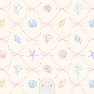 May include: Watercolor pattern featuring seashells, starfish, and coral in pastel colors, arranged in a grid with pink ribbon bows. The design includes a variety of shells in shades of pink, blue, and yellow on a cream background. The text "abi boyd DESIGNS" is at the bottom.