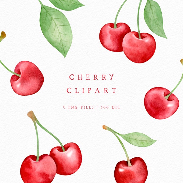 Cherry Clipart, Watercolor Cherry PNG, Hand Painted Cherries, Hand Drawn Fruit clipart for Personal and Commercial Use,