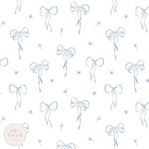 Blue Bow Seamless Pattern, Dainty Flowers Repeating Pattern, Watercolor Hand Drawn seamless file, Personal and Commercial use