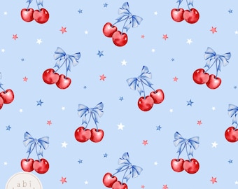 Fourth of July Cherries Seamless Pattern, Girls Cherry and Blue Bows Seamless File, 4th of July Summer seamless file, Digital Download