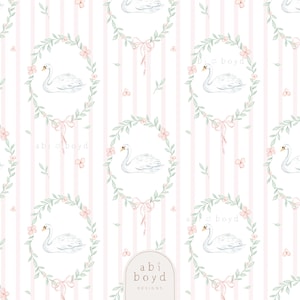 May include: A repeating pattern featuring white swans within oval wreaths of green leaves and pink flowers, accented with pink bows. The background has vertical pink and white stripes. The text "abi boyd DESIGNS" is visible.