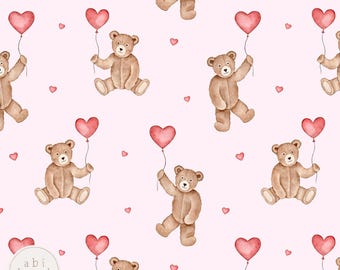 Cute Teddy Bear Seamless File, Valentine Teddies seamless file, Heart Balloons Repeating Pattern, Watercolor Teddies