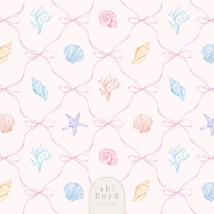 Pode incluir: Padrão em aquarela com conchas, estrelas do mar e corais em tons de azul, pêssego e amarelo, conectados por fitas rosa amarradas em laços. O design é definido em um fundo rosa suave. O texto "abi boyd DESIGNS" está no canto inferior direito.