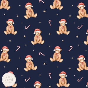Christmas teddy seamless file, Santa hat teddies repeating pattern, candy cane watercolour seamless file, Xmas teddy bear seamless pattern