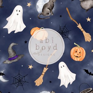 Seamless Halloween pattern featuring ghosts, witches, bats, and pumpkins in a festive design on a misty blue background