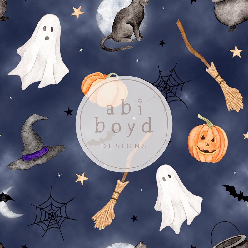 Seamless Halloween pattern featuring ghosts, witches, bats, and pumpkins in a festive design on a misty blue background