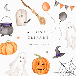 Watercolor Spooky Halloween Clipart, Halloween Pumpkin, Bat, Spiders Web, Ghost, Witch Hat, Cauldron, Watercolor Clipart PNG