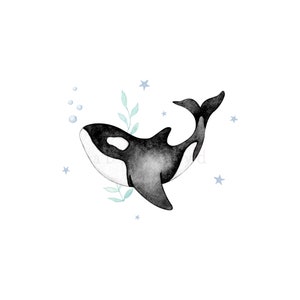 A watercolor orca illustration. Available as a digital download in PNG format. Ideal for sublimation and heat transfer projects and selling charming baby clothing.