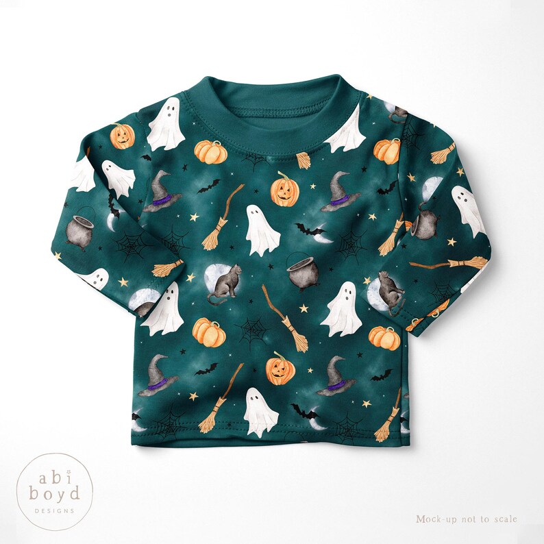 Seamless Halloween pattern featuring ghosts, witches, bats, and pumpkins in a festive design on a misty green teal background