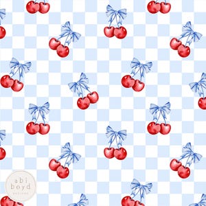 May include: A seamless pattern featuring red cherries with blue bows on a light blue and white checkered background.