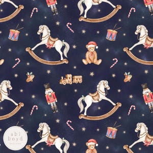 May include: A repeating pattern of Christmas toys on a dark blue background. The design includes white rocking horses, teddy bears in Santa hats, toy trains, nutcrackers, candy canes, and drums, all set against a starry sky.