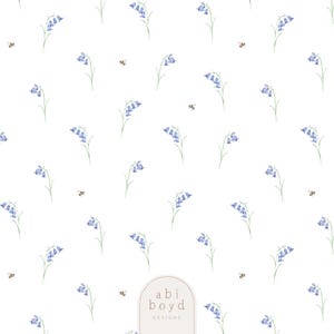 May include: White background with a repeating pattern of bluebell flowers and small bees. The bluebells are light blue with green stems, and the bees are brown and yellow. The design is delicate and floral.