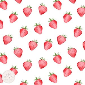Puede incluir: Un patrón sin costuras con fresas rojas de acuarela sobre un fondo blanco. Las fresas están dispuestas en un patrón diagonal.
