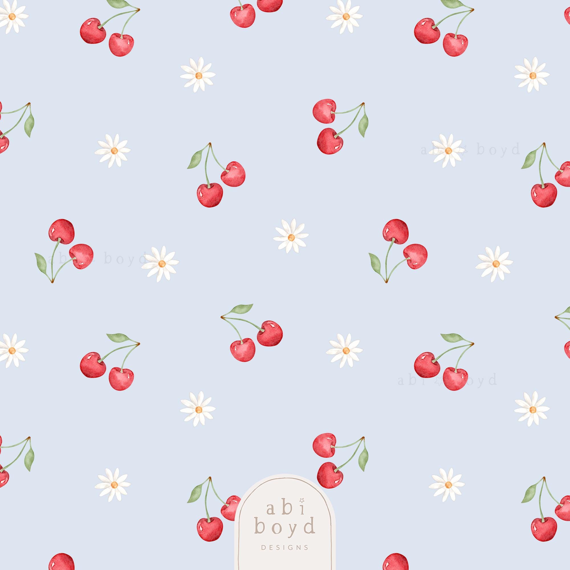 Cherry and Daisy Seamless Pattern, Pink Dainty Cherries Repeating
