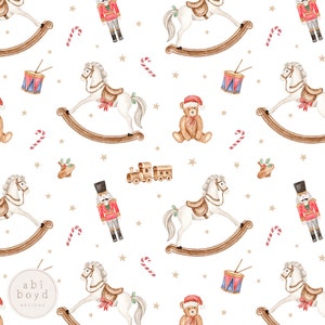 Christmas Toy Fabric Design, Vintage Seamless Pattern, Repeating Pattern, Rocking horse, teddy bear, Christmas nutcracker fabric, drum