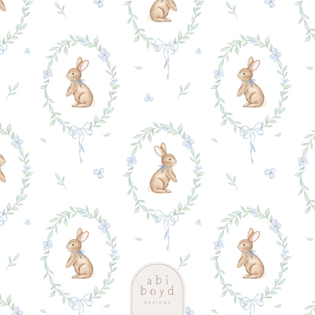 Rabbit Pattern Blue Blue Bunny Rabbit Seamless Pattern, Vintage Bunny Repeat Tile, Floral ...